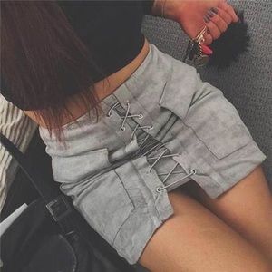 Grey Suede Lace Up Wrap A-Line Bodycon Mini skirt